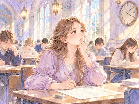 海外の学校で試験用紙に向き合い緊張する女性