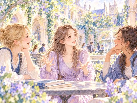 海外の学生と楽しそうに会話する女性