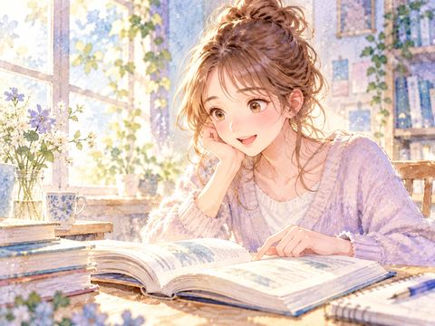 明るい机で新しい教科書を楽しそうに読む女性