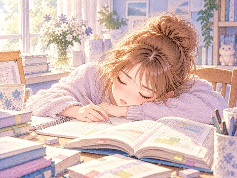 開いた教科書に顔を寄せて居眠りする女性