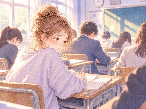教室で周囲の生徒を気にしながらノートに向かう女性