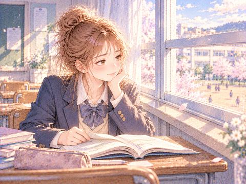 学生時代の教室で懐かしそうに教科書を開く女性