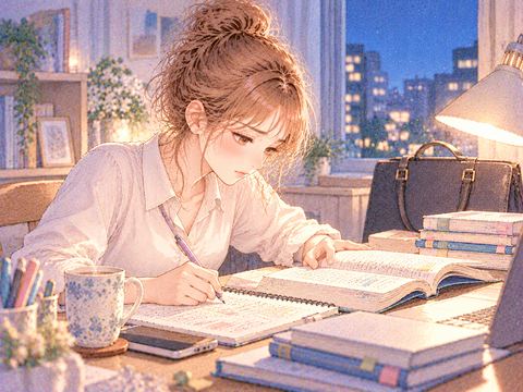 仕事帰りに自宅の机で資格の勉強をする社会人女性