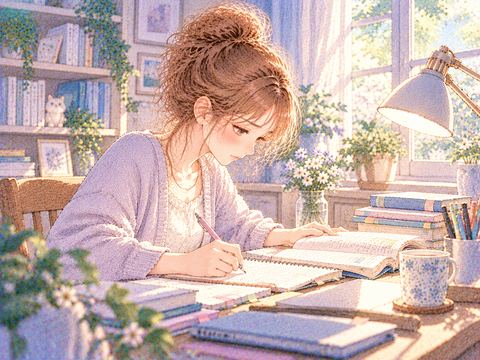 静かな部屋で一人落ち着いて勉強に集中する女性
