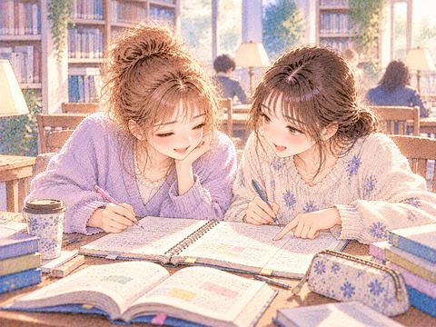 友達と同じノートを見ながら笑顔で教え合う女性たち