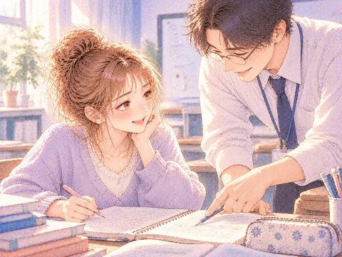 先生にノートの問題を教えてもらい安心する女性