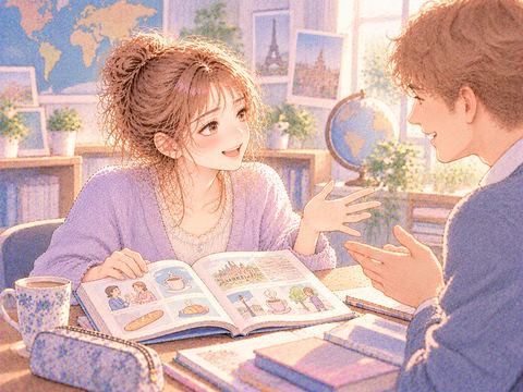 外国語の教材を開き会話練習を楽しむ女性