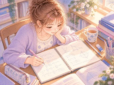 数式の書かれたノートを見ながら数学を勉強する女性
