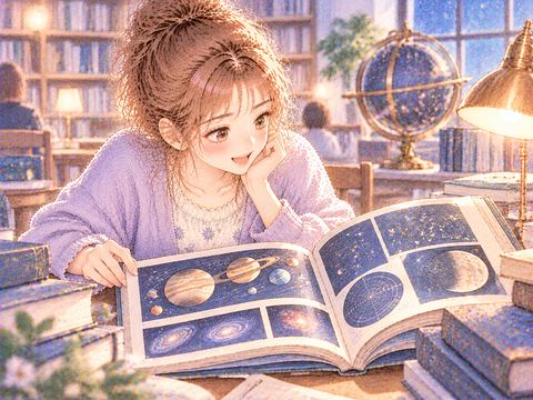 初めて見る天文学の本を興味深そうに読む女性