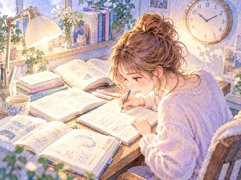 時計を気にせずノートに書き込む女性