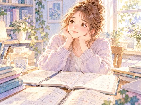 解き終えた問題集を前に満足そうに微笑む女性