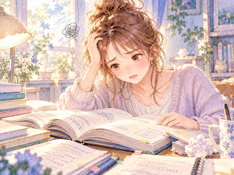 難しい教科書を前に首をかしげる女性
