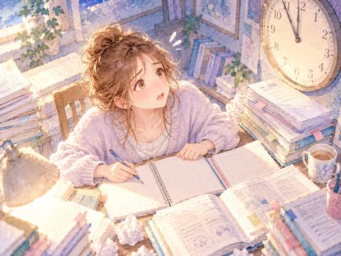 積み上がる課題と時計を前に焦る女性
