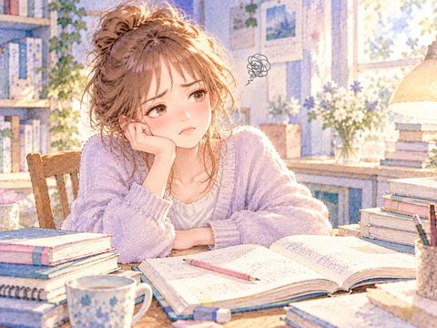 簡単な問題集を前に不満そうに頬杖をつく女性