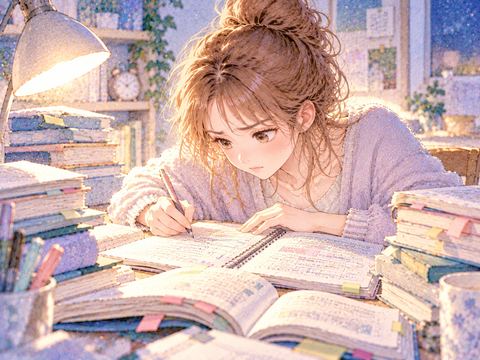 参考書に囲まれ必死にノートをまとめる女性
