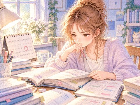 試験日を確認しながら参考書で勉強する女性