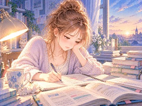 夜明けの窓辺で眠そうに勉強を続ける女性