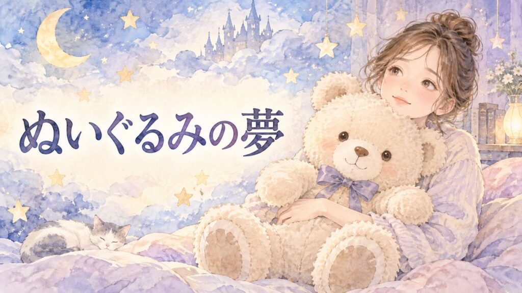 ぬいぐるみを抱いて夢の余韻に浸る大人の女性