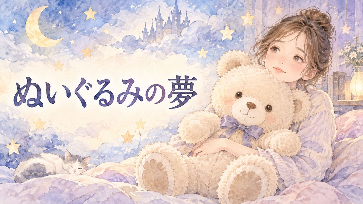 ぬいぐるみを抱いて夢の余韻に浸る大人の女性