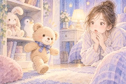 棚から歩き出すぬいぐるみを見る大人の女性