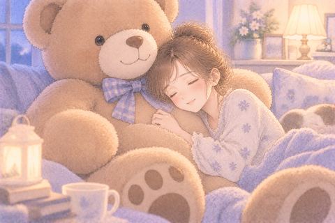 大きな熊のぬいぐるみに寄りかかる大人の女性