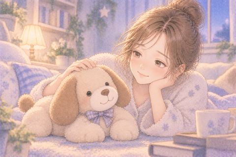 犬のぬいぐるみを優しく撫でる大人の女性