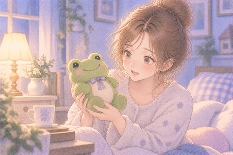 カエルのぬいぐるみを眺める大人の女性