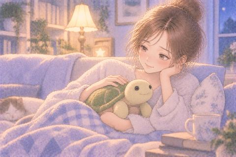 亀のぬいぐるみを抱いてくつろぐ大人の女性