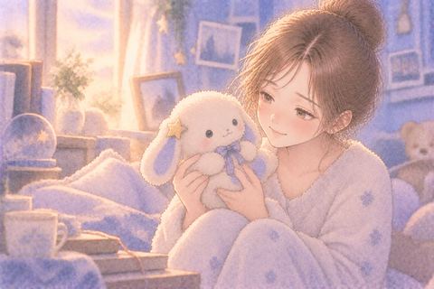 思い出のぬいぐるみを懐かしく見る大人の女性
