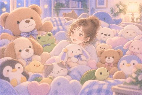 たくさんのぬいぐるみに囲まれる大人の女性