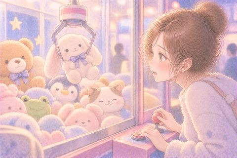 クレーンゲームでぬいぐるみを狙う大人の女性