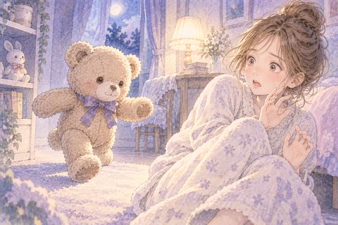 近づくぬいぐるみから身を引く大人の女性