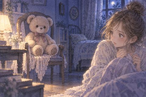 動かないぬいぐるみを警戒して見る大人の女性
