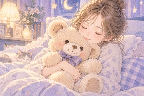 ぬいぐるみを胸に抱いて安心する大人の女性