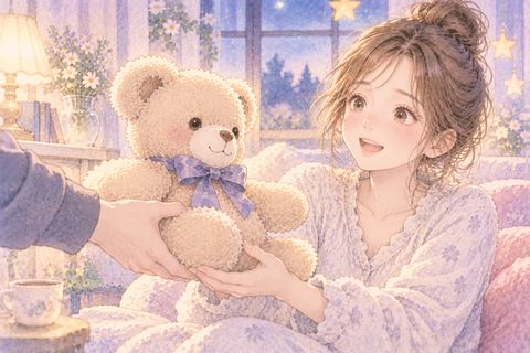 誰かからぬいぐるみを受け取る大人の女性