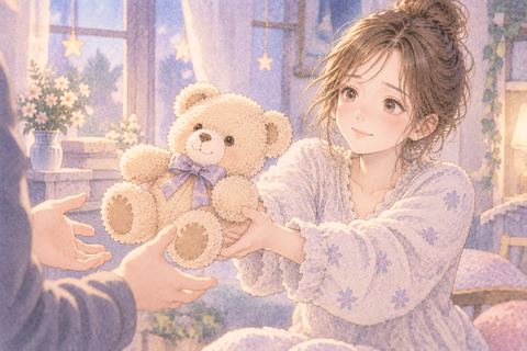 ぬいぐるみを誰かへ差し出す大人の女性