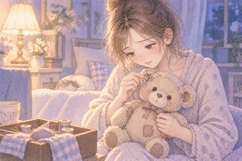 傷んだぬいぐるみをいたわる大人の女性