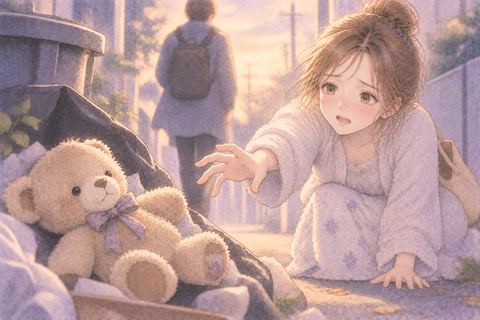 捨てられたぬいぐるみへ手を伸ばす大人の女性