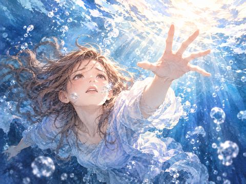 水中で息苦しそうに水面へ手を伸ばす女性