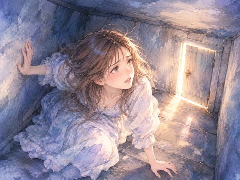狭い部屋に閉じ込められ小さな扉を探す女性