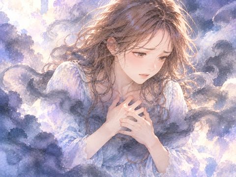胸を両手で押さえ不安げにうつむく女性