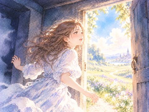 暗い部屋から明るい草原へ出て安堵する女性