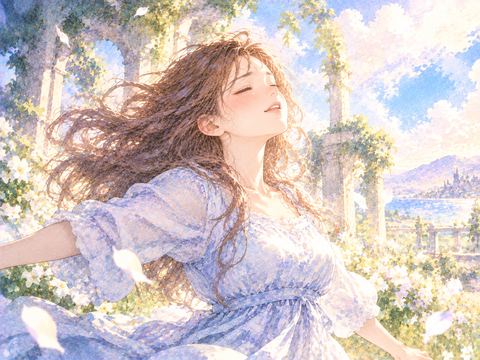 光の差す場所で胸を開き深く息を吸う女性