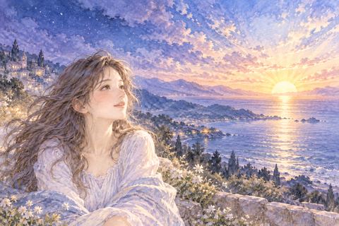 暗い空から朝日が昇るのを見つめる女性