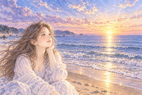 海の水平線から昇る朝日を眺める女性