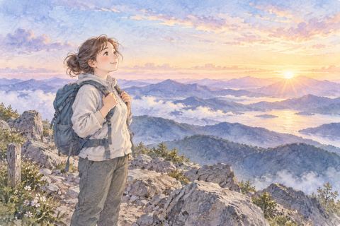 山頂で朝日を見てほっとする女性