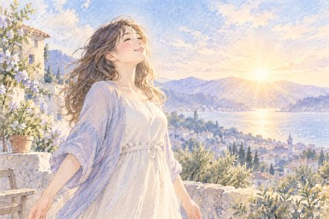 朝日の光を浴びて目を細める女性