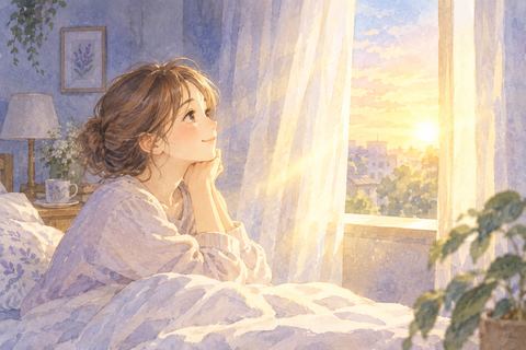 部屋に差し込む朝日を見つめる女性