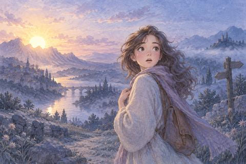 西の空から昇る太陽に驚く女性
