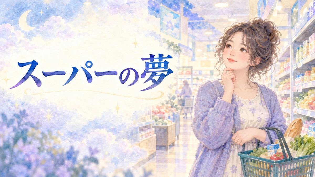 商品棚の並ぶスーパーで買い物かごを持つ女性